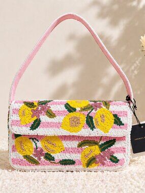 America & Beyond Beaded Lemon Shoulder Bag 🍋 Pink Stripe | NWT